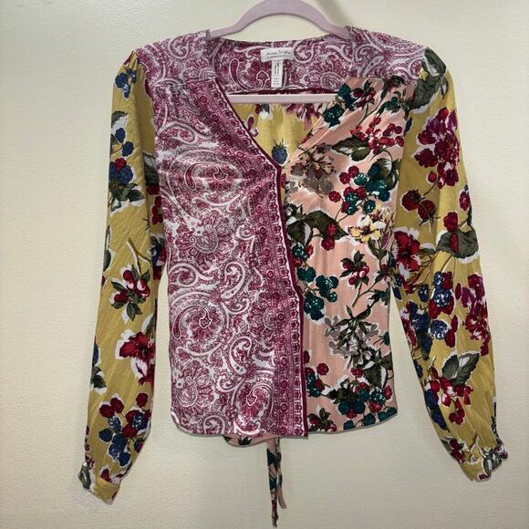 Anthropologie Floral Patchwork Top- Meadow Rue Long Sleeve Wrap Blouse- Size 0 - Picture 5 of 14